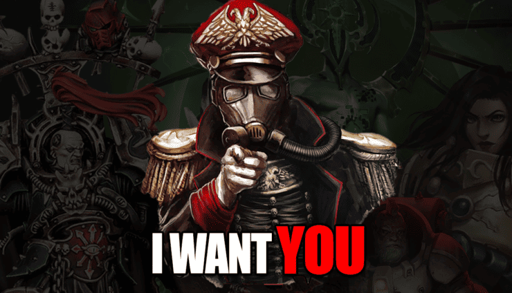 games workshop hiring commisar art with background of shaded characters from warahmmer 40k 1