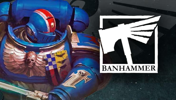 games workshop space marine indomitrus era warhammer logo parody as banhammer aquila space background