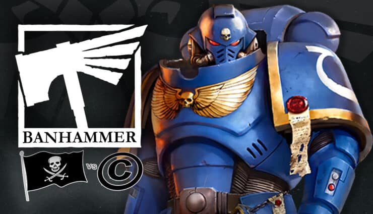 games workshop space marine warhammer logo parody as banhammer aquila space background pirate flag and copyright symbol