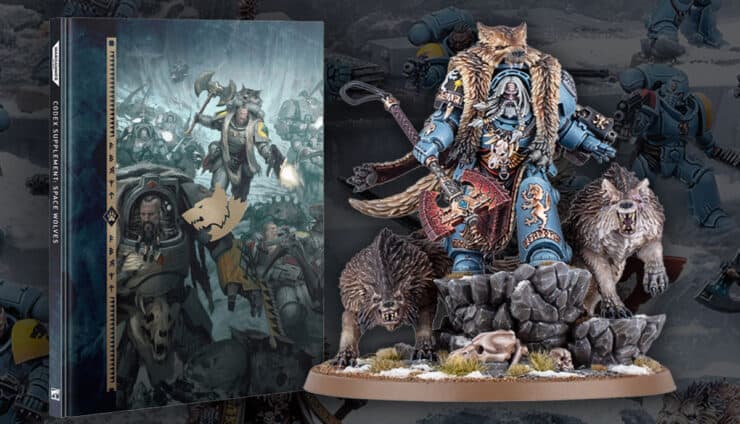 new logan grimnar 2025 painted model next to space wolves codex book with painted models in background warhammer 40k