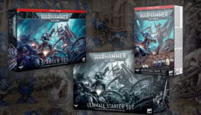 warhammer 40k starter set guide product images with painted miniatures background shaded