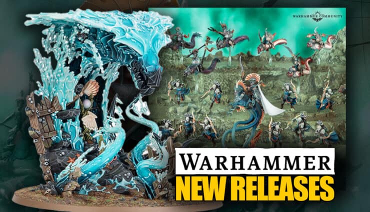 AOS Age of Sigmar new releases deepkin image of tidecaster and spearhead product shot with faded deepking background warhammer age of sigmar