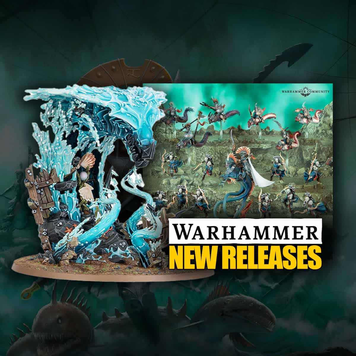 AOS Age of Sigmar new releases deepkin image of tidecaster and spearhead product shot with faded deepking background warhammer age of sigmar