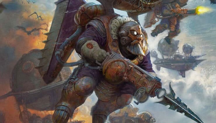 Kharadron overlords cover art age of sigmar flyer emerging from orange nimbus cloulds with expedition fleet flanked by vampire bats