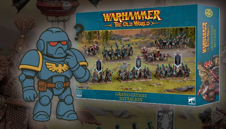 Warhammer Old World product shot grand cathay battalion with confused space marine cartoon