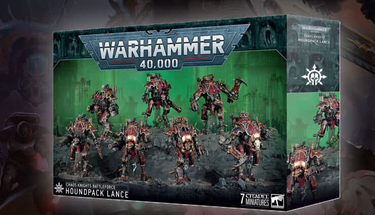 chaos knights hound pack lane battlforce product shot with art behind warhammer 40k