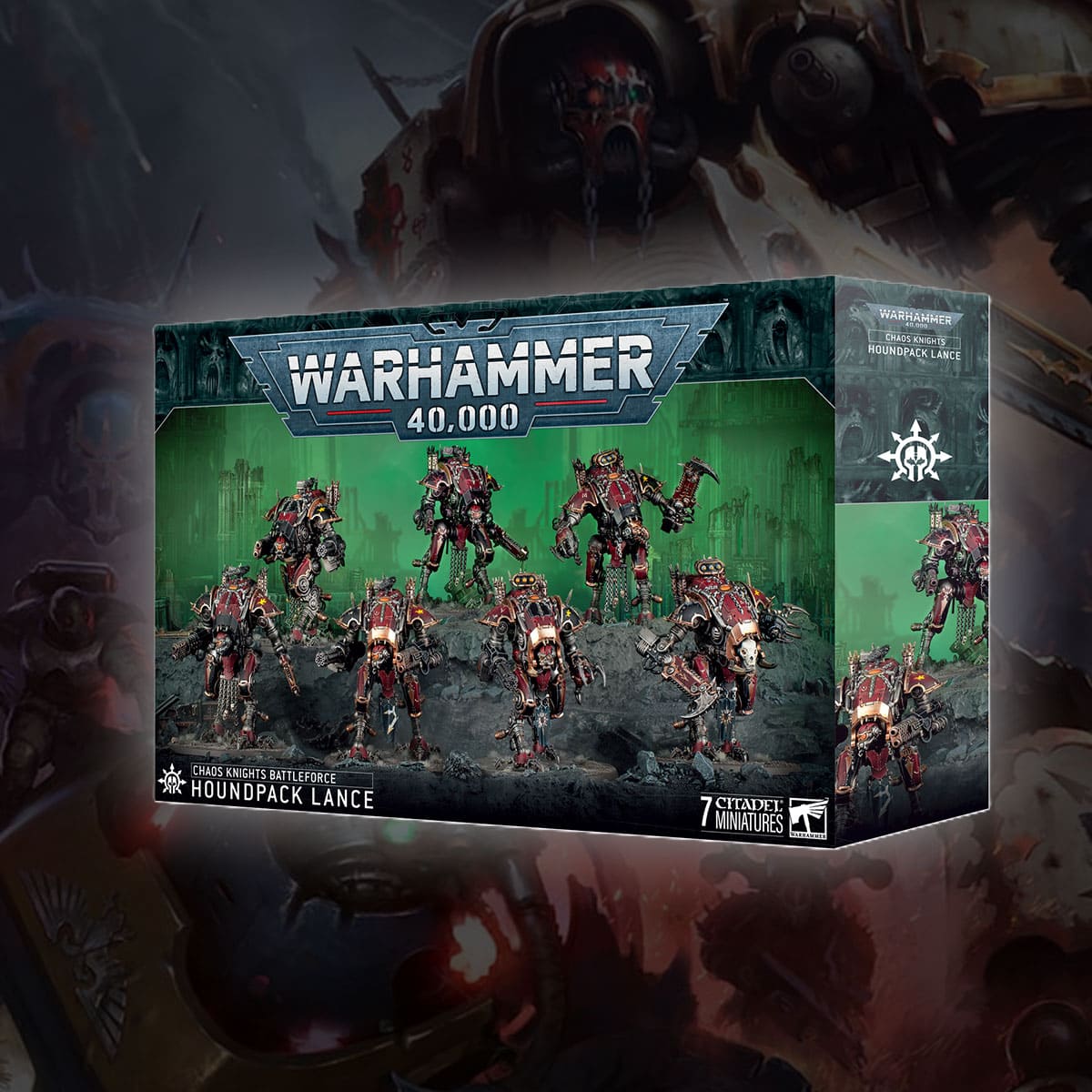 chaos knights hound pack lane battlforce product shot with art behind warhammer 40k