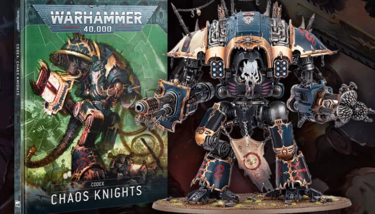 chaos knights product shot of painted runiator and codex book for warhammer 40k with shaded art in background