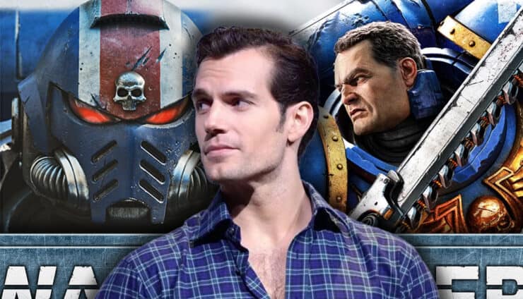 henry cavill with warhammer 40k logo flanked by space marine 2 character titus with and without helmet
