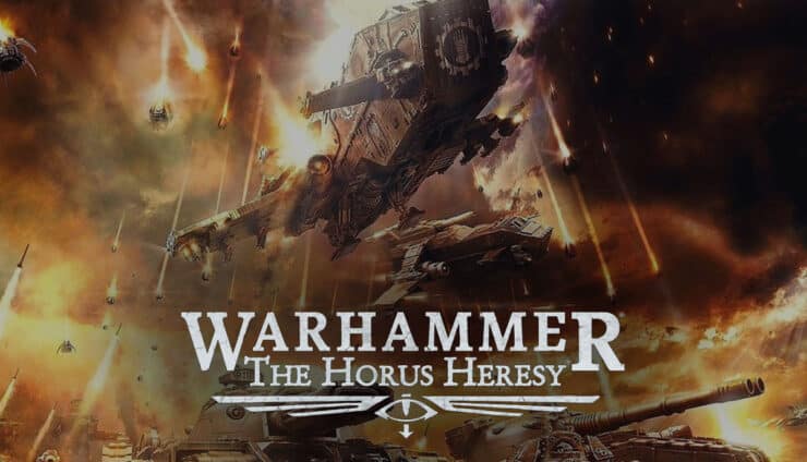 horus heresy drop site massacre art with HH logo in front