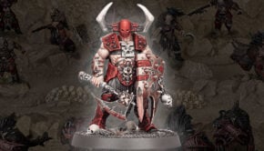 khorne Deathbringer paint model image on top of faded Fangs of the Blood God. spearhead background