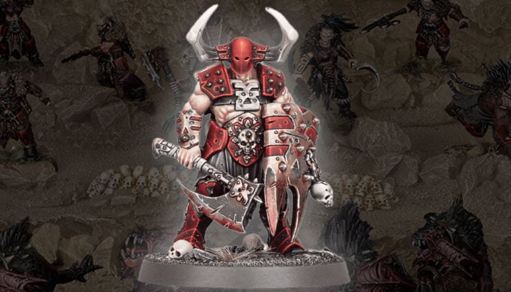 khorne Deathbringer paint model image on top of faded Fangs of the Blood God. spearhead background