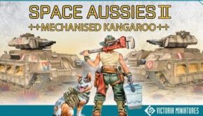 mechanic holding wrench facing two tankis with a dog Space aussies 2 kickstarter from victoria minis
