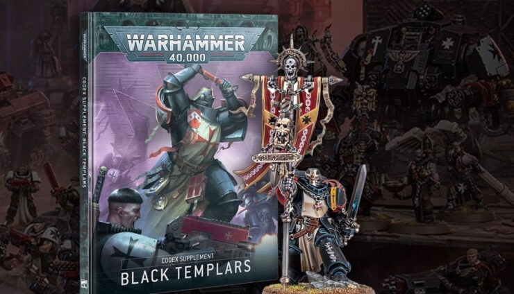 new painted black templars ancient product shots and codex box with shaded battle in background warhammer 40k