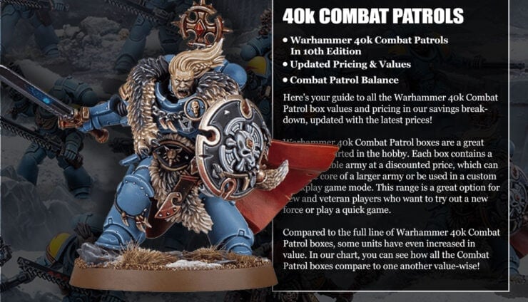 painted space wolve battle leader with 40k combat patrol text box and shaded background of new painted space wolves models from box warahmmer 40k