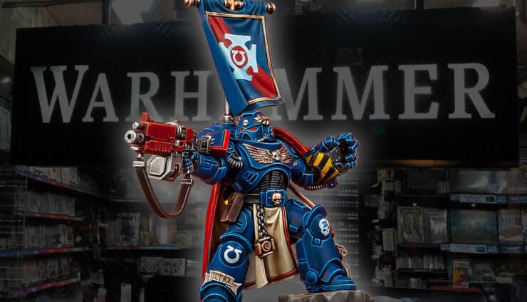 painted version of capt centos space marine with faded out warhammer 40k store in background fixed