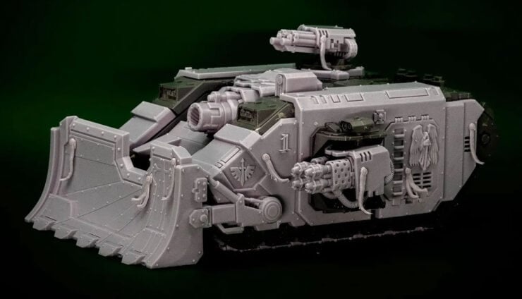product shot of Gloomy Angels Perun Ikarus Pattern Heavy Transport Conversion Kit 3d printed parts over a 40k land raider chasis