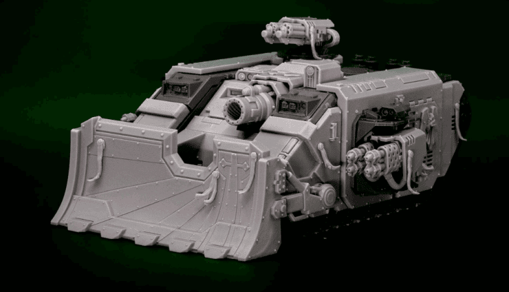 product shot of Gloomy Angels Perun Ikarus Pattern Heavy Transport Conversion Kit 3d printed parts over a 40k land raider chasis