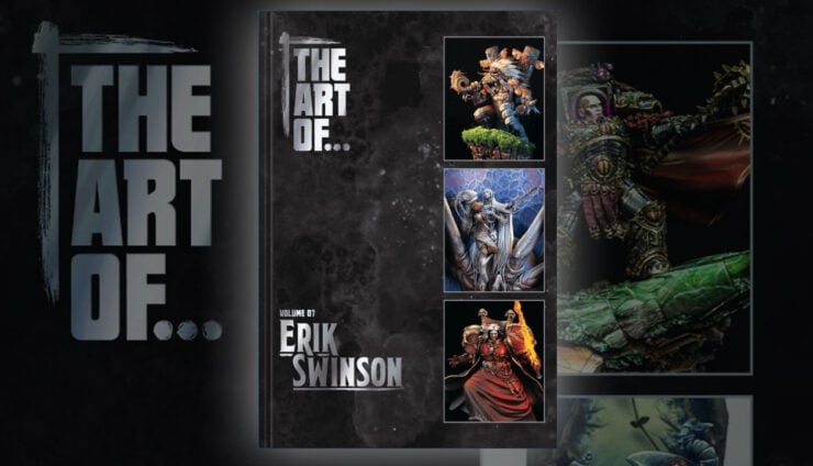 the art of books by dave taylor featuring product shot of erik swinson book, with faded art of miniature monthly background