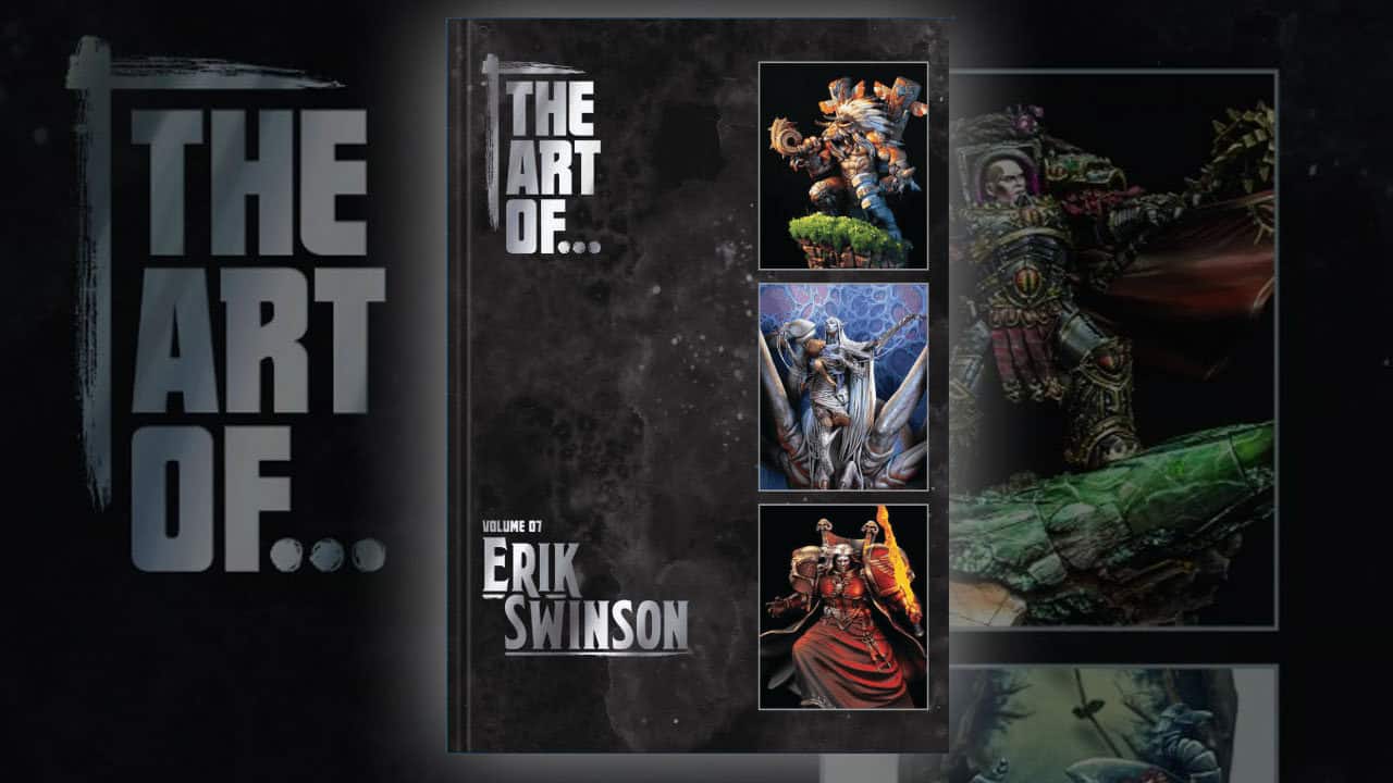 the art of books by dave taylor featuring product shot of erik swinson book, with faded art of miniature monthly background