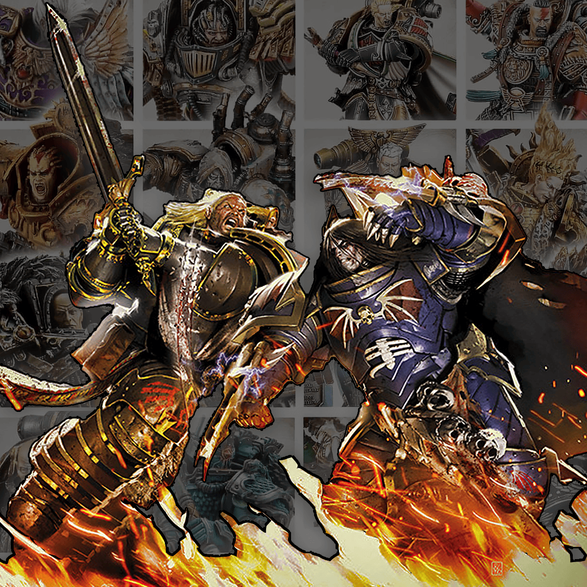 warhammer 40k primarchs all 21 head shots with lion fighting nighthaunter art in foreground