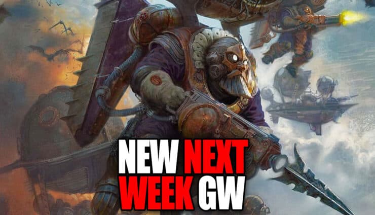 Kharadron overlords new next week pre orders cover art age of sigmar flyer emerging from orange nimbus cloulds with expedition fleet flanked by vampire bats