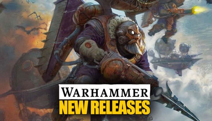 Kharadron overlords new release pre orders cover art age of sigmar flyer emerging from orange nimbus cloulds with expedition fleet flanked by vampire bats