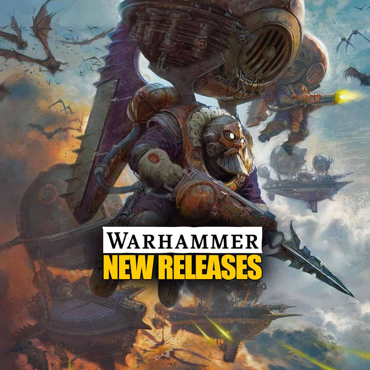 Kharadron overlords new release pre orders cover art age of sigmar flyer emerging from orange nimbus cloulds with expedition fleet flanked by vampire bats