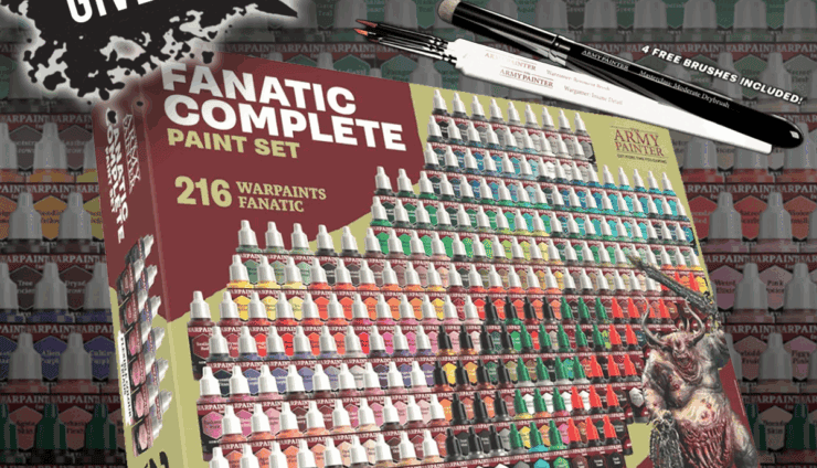 Giveaway image for The Army Painter Warpaints Fanatic Complete Paint set, including free paintbrushes.
