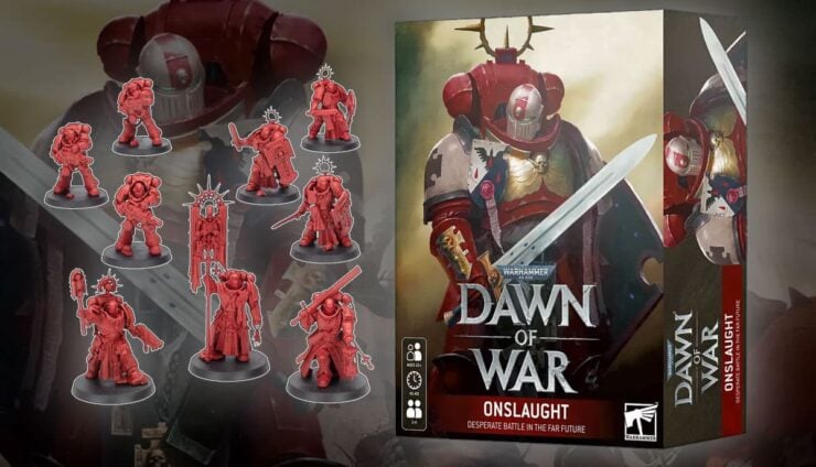 dawn of war onlsuaght product shot with miniatures cast in red warhammer 40k