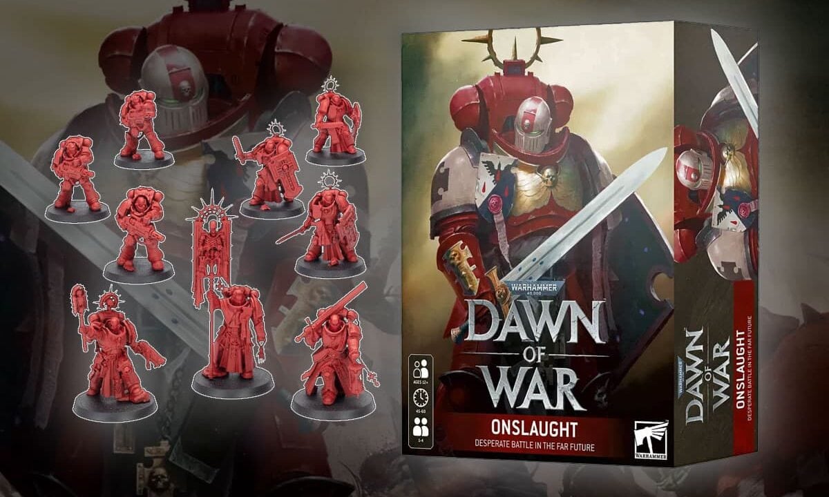 dawn of war onlsuaght product shot with miniatures cast in red warhammer 40k