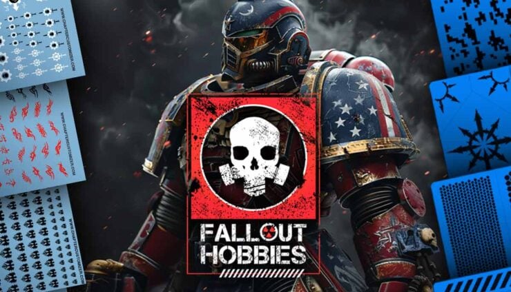 fallout hobbies logo with space marine behind flanked by stecils and decals