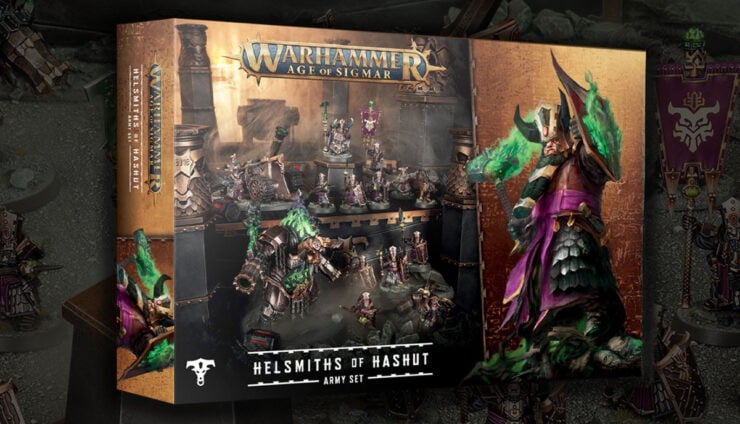 helsmiths of hashut army set chaos dwarfs product shot with paint miniatures in background age of sigmar
