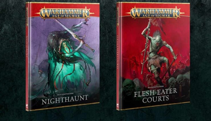 new nighthaunt and flesh-eater courts product shot of new battletome books on crackle background age of sigmar