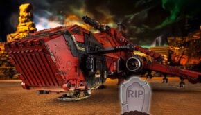 painted thunderhawk ina desert background with RIP grave tombstone in front of it for warhammer 40k