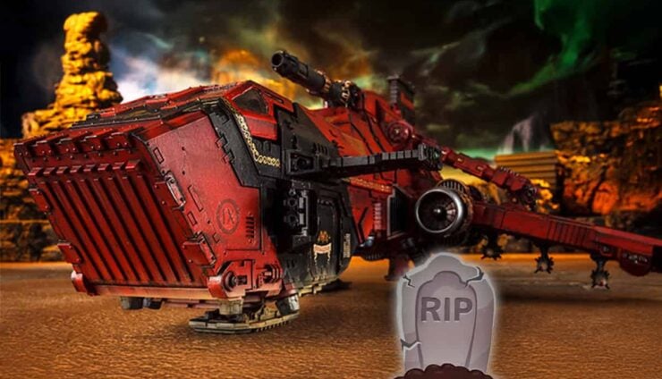 painted thunderhawk ina desert background with RIP grave tombstone in front of it for warhammer 40k