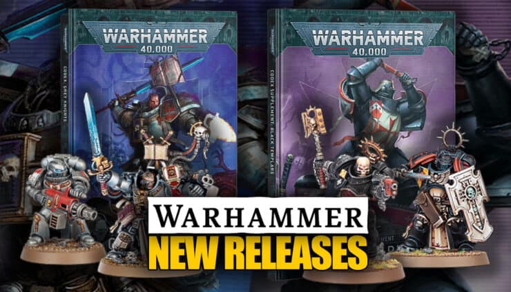 product image shots of new pre order warhammer 40k grey knights and black templars codex and painted models with codex art in background shaded
