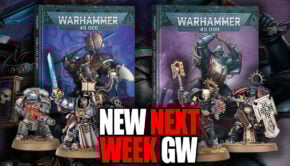 teaser reveal product image shots of new pre order warhammer 40k grey knights and black templars codex and painted models with codex art in background shaded