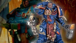 Captain Ferren Areios, Master of Rites model painted miniatures in front of art from book warhammer 40k