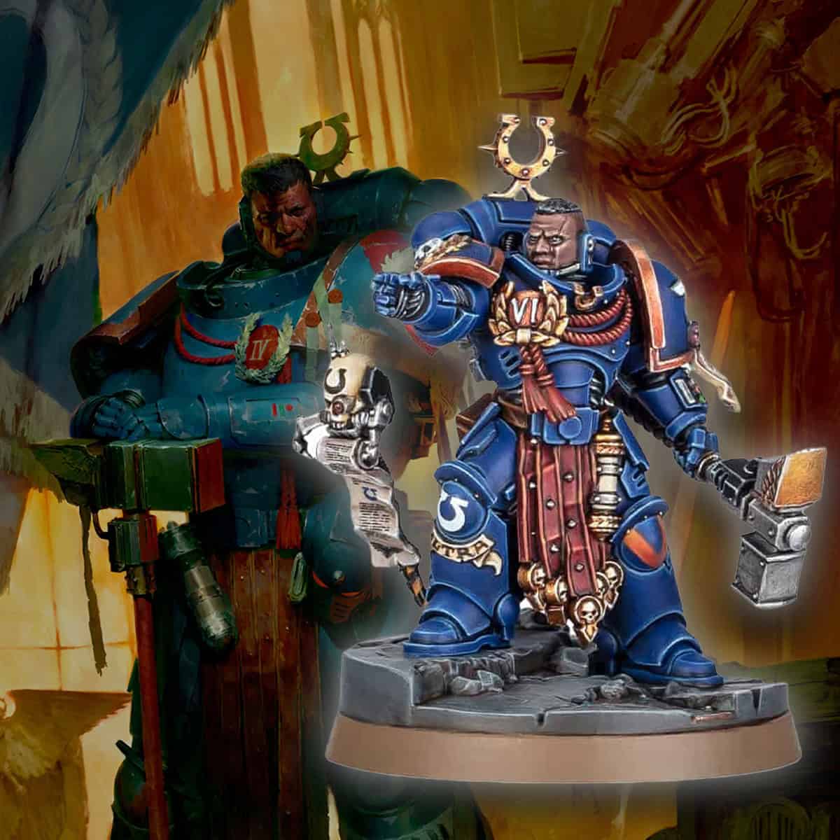 Captain Ferren Areios, Master of Rites model painted miniatures in front of art from book warhammer 40k