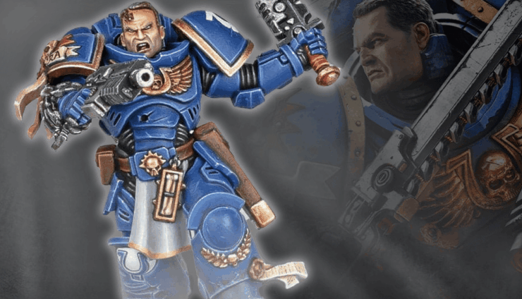 Warhammer 40k Lieutenant Titus miniature painted product shot and space marine 2 artwork