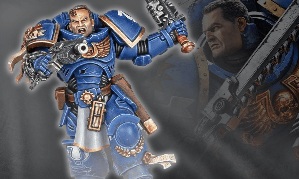 Warhammer 40k Lieutenant Titus miniature painted product shot and space marine 2 artwork