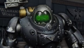 ai mech painted model in front of warhammer world
