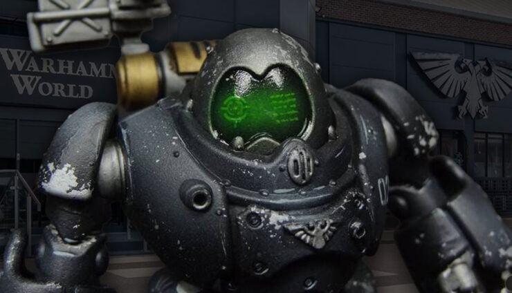 ai mech painted model in front of warhammer world