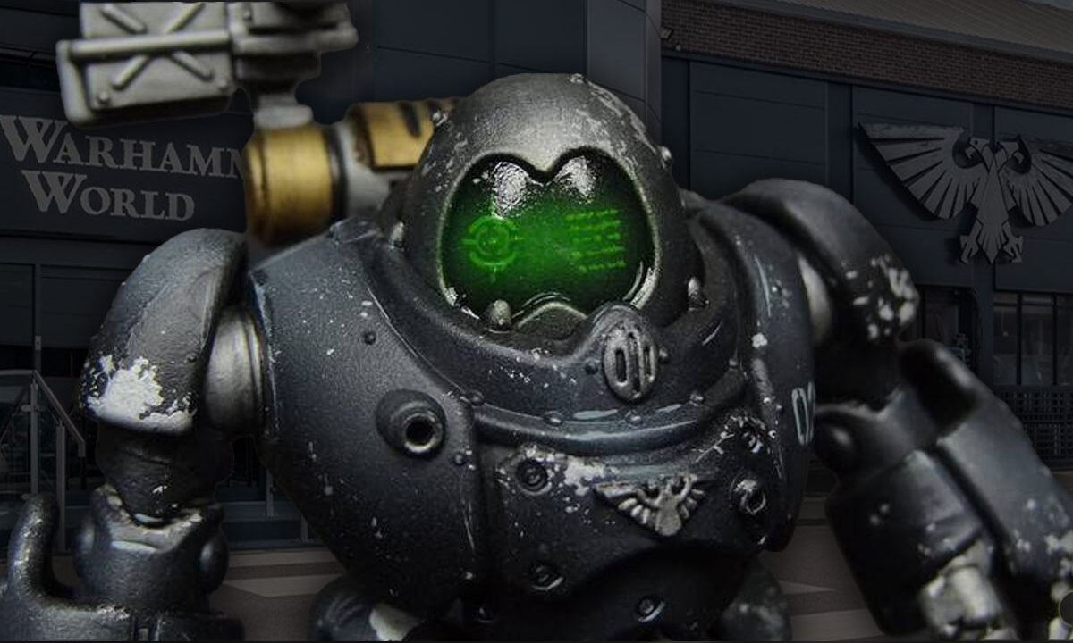 ai mech painted model in front of warhammer world