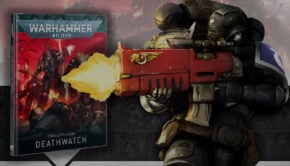 how to play deathwatch codex book product shot with marine firing and xeon battle background wahrammer 40k