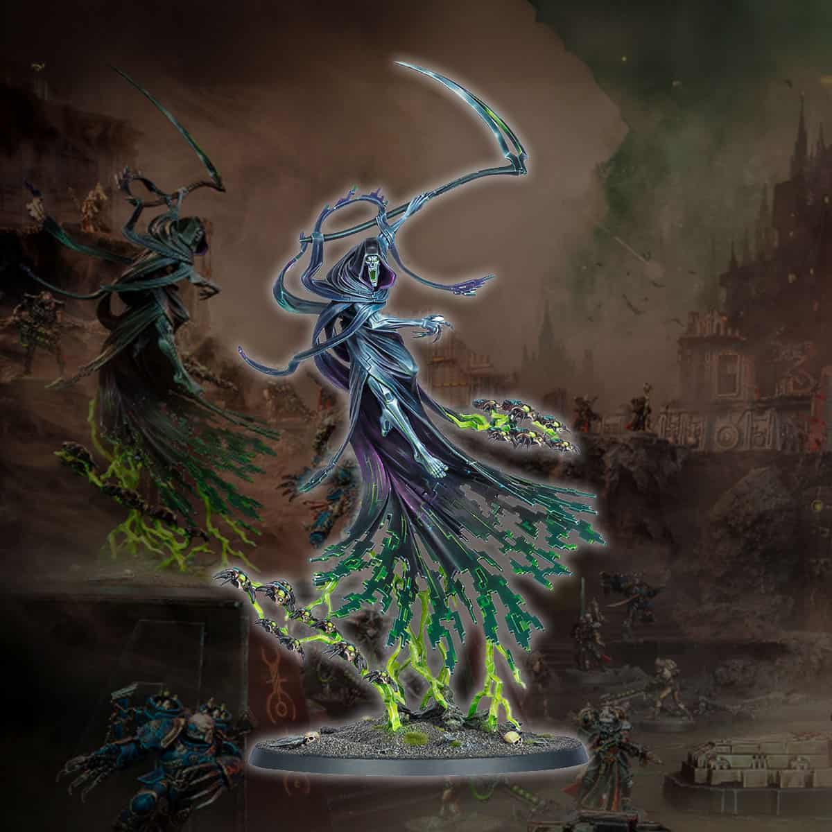 necron nightbringer model painted product image with art from new kill team box in background