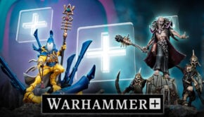 warhammer plus new exclusvie minaiture painted prodcut shots with pluses in background and logo in front of miniatures