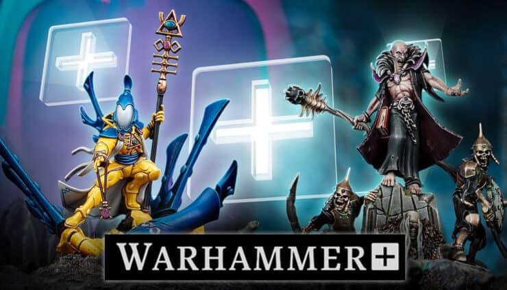 warhammer plus new exclusvie minaiture painted prodcut shots with pluses in background and logo in front of miniatures