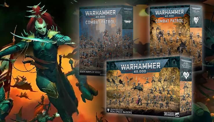 40K FACTION DRUKHARI art backgroung with product shots of combat patrol and battleforce